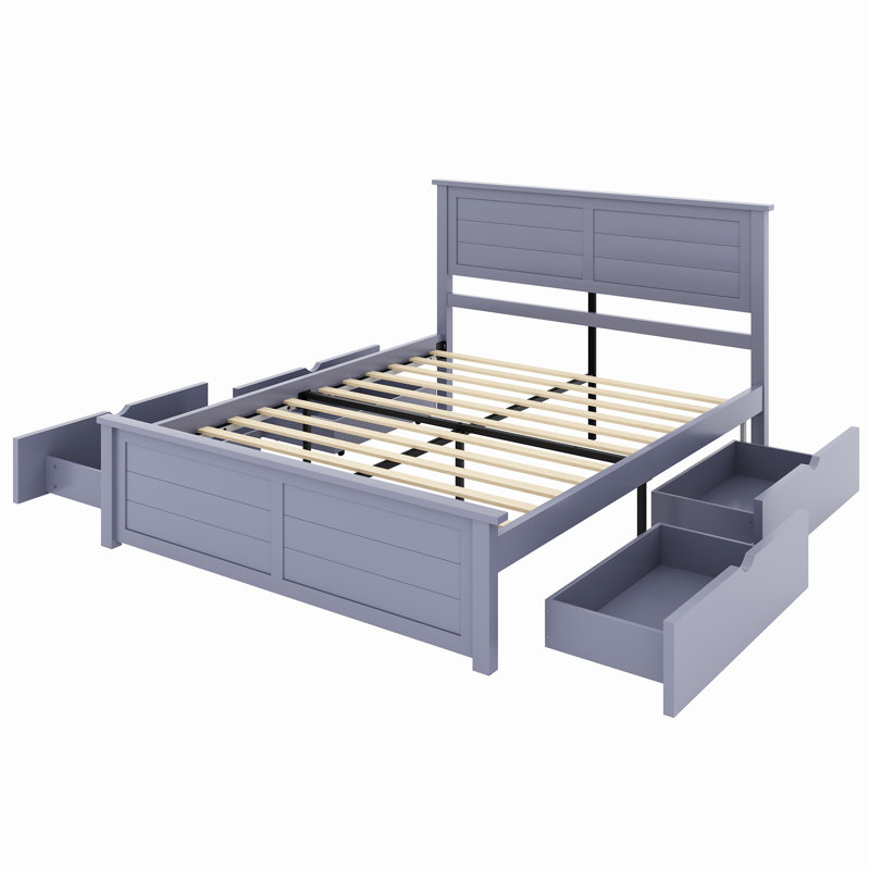 Grand lit plateforme en bois massif avec 4 tiroirs de rangement, bleu gris, Bleu, Grand lit
