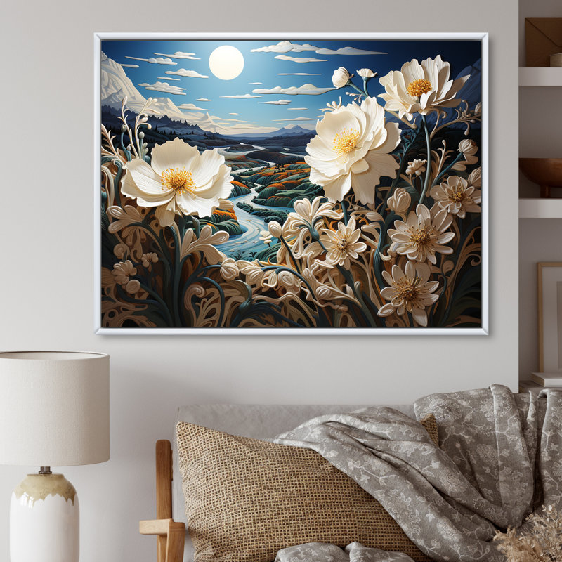 «White Crimson Bloom Garden Serenade», reproduction sur toile, Cadre flottant blanc, H 30 po x l 40 po x P 0,5 po
