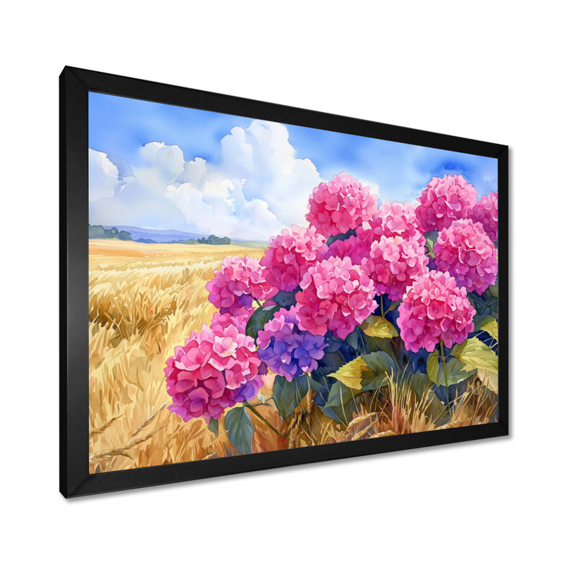 Hortensias dans le champ de céréales III - hydrangées, art mural, Reproduction encadrée d'une seule photo, H 30 po x l 40 po