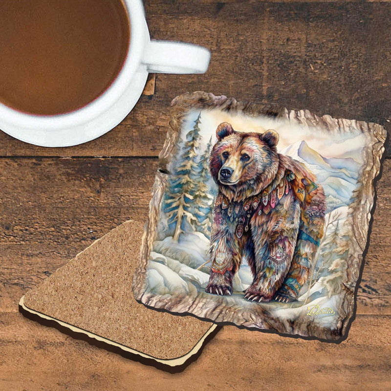 Grizzly Bear Wooden Cork Coasters Gift Set of 4 | Loon Peak