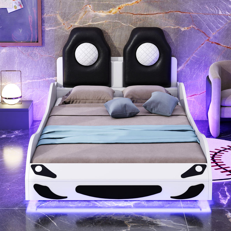 Lit voiture de course blanc en bois blanc avec éclairage DEL et douillette