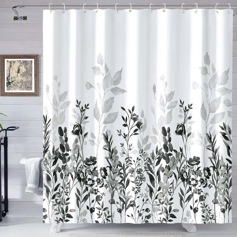 Ensemble de rideau de douche floral 13 pièces + crochets, Gris