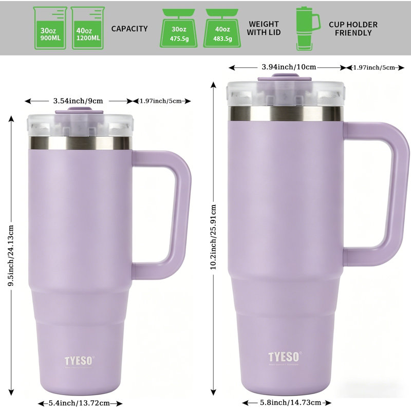 TYESO Vacuum Insulated Tumbler with Straw, 30 OZ, 9.5" H x 5.4" W x 5.4" D, Purple