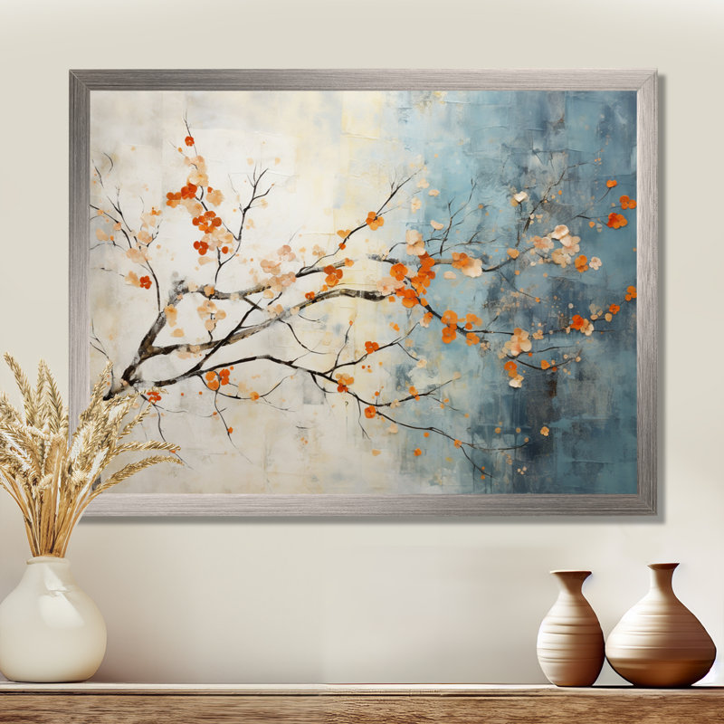 Orange, bleu sarcelle, érable, incandescent V - art mural érable, Cadre simple argenté, H 16 po x l 32 po x P 1 po