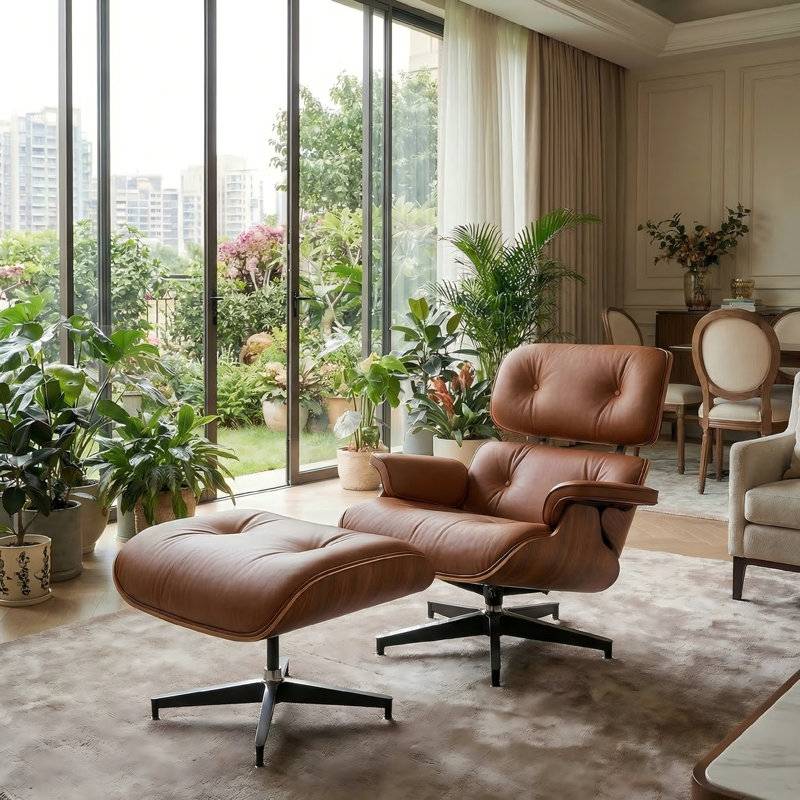 Mid Century Genuine Leather Lounge Chair With Ottoman, Heavy Duty Support Base, Upholstered Recliner For Living Room Study Bedroom