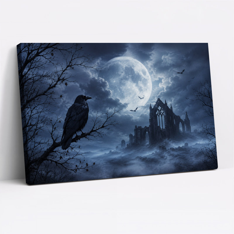 Toile noire, branche noire près de ruines gothiques éclairées par la lune, H 32 po x l 48 po