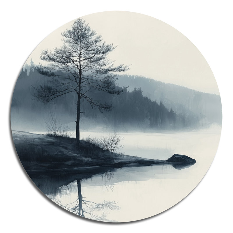 «Monocrhome Tree Smoky By The Lake», art mural traditionnel en métal blanc, H 23 po x l 23 po