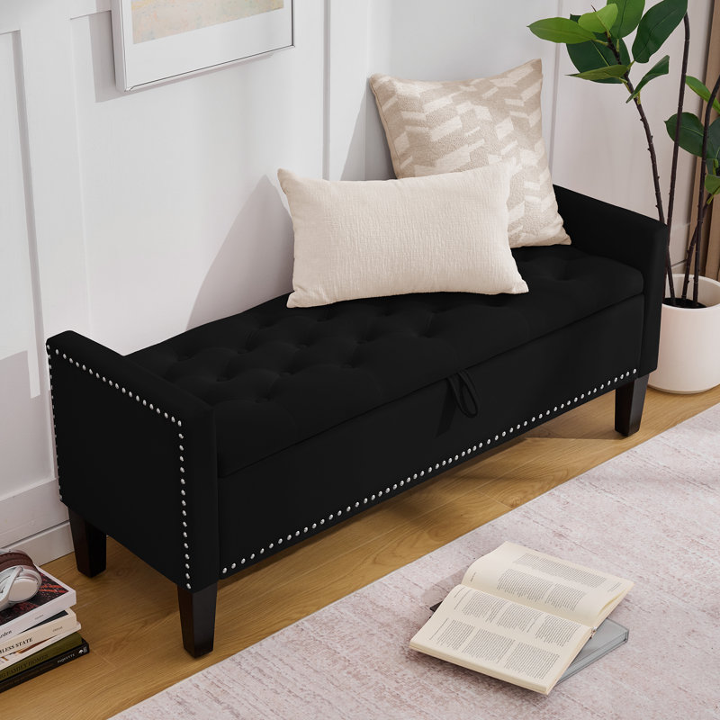 50" Wide Velvet Tufted Rectangle Storage Ottoman, Black