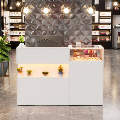 59" Front Desk Reception Modern Retail Counter, Led Light & Glass Display Shelf For Office, Lobby, Salon Or Retail Checkout
