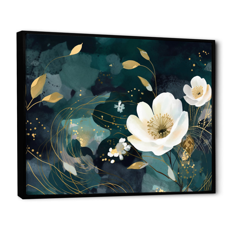 Plantes blanches bleu sarcelle dans le chaos I - art mural floral, Cadre flottant noir, H 24 po x l 32 po x P 1 po
