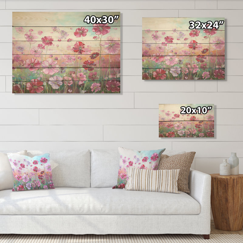 Élégant géraniums, champ de fleurs, art mural en bois sur bois de pin naturel, H 24 po x l 32 po