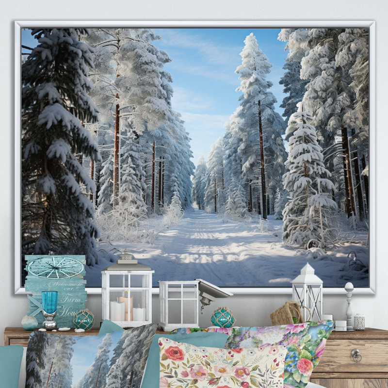 Winter Snowy Evergreen III - Paysage d'hiver, impressions encadrées, H 12 po x l 20 po x P 1 po, Cadre flottant blanc