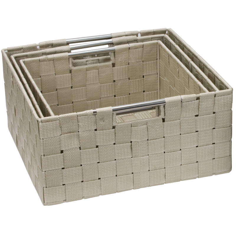 Beige Woven Fabric 3-Piece Collapsible Basket Set