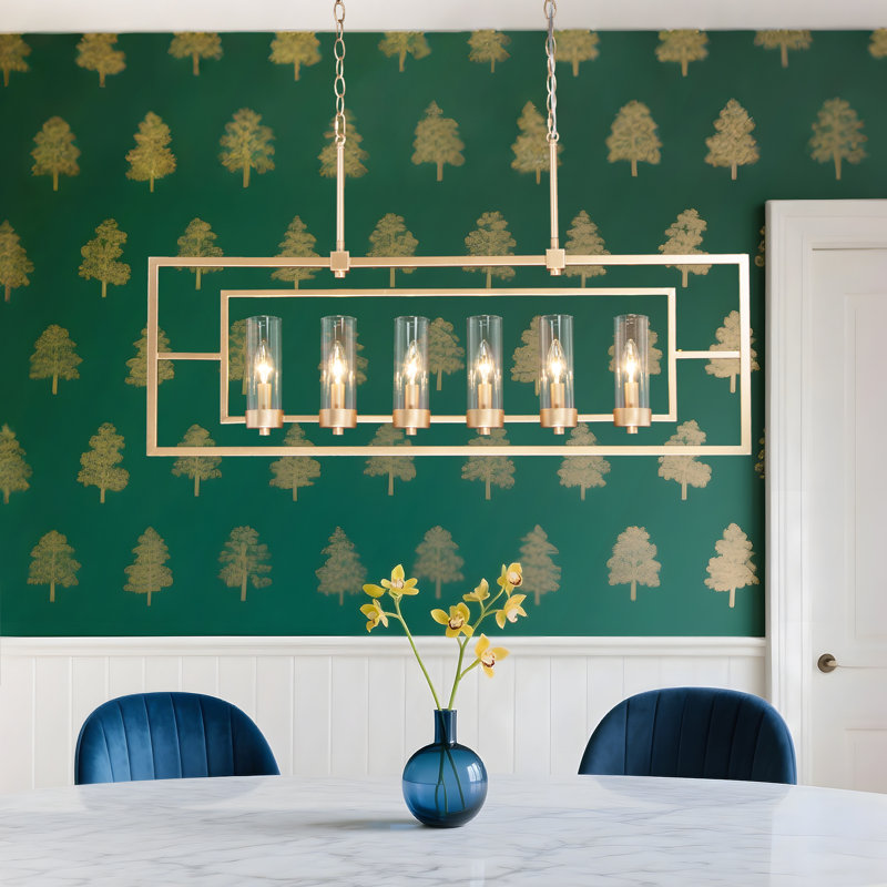 Luminaire suspendu linéaire pour îlot de cuisine 6 lumières avec abat-jour en verre Modern Glam