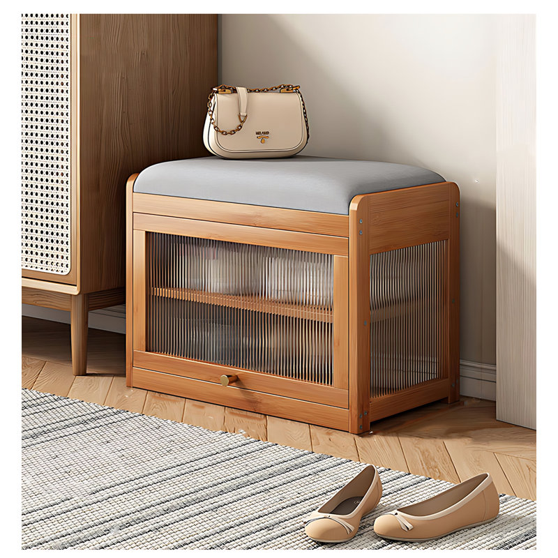 Banc de rangement transparent pour chaussures en bambou, Brun
