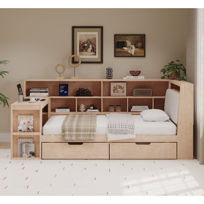 L-shaped Wooden Daybed with Desk and Storage Bookcase, Full, White