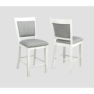 Chaise de salle à manger de style 2 pièces à hauteur de comptoir - Revêtement en lin blanc et gris, bois massif et repose-pieds de 2 pieds