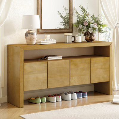 60", U - Style, 4 Door, Solid Wood Veneer, Sideboard, Natural Grain, Open Shelf, Dual Zone Storage, Organizing Home Items Storage
