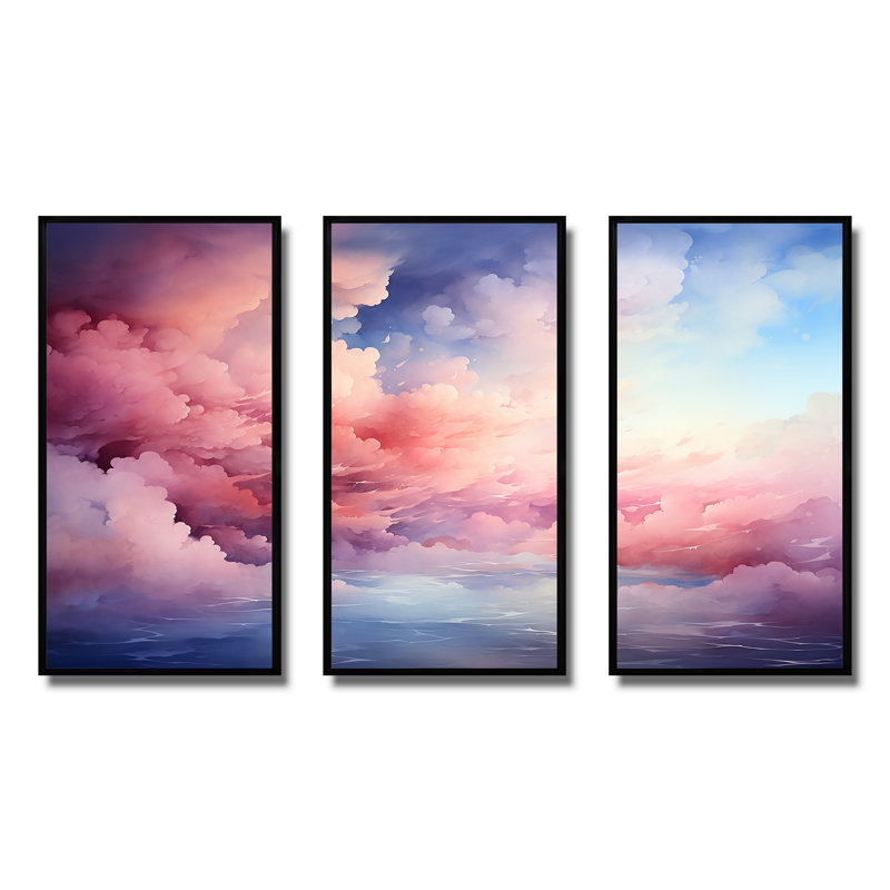Rose et bleu pastel coloré ciel IV - art mural ciel, Cadre flottant noir, H 28 po x l 36 po x P 1 po