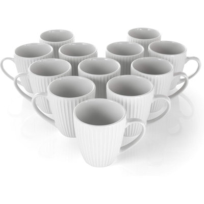12-piece Porcelain Mug Set - White Coffee Mugs With Etched Lines, Dishwasher Safe