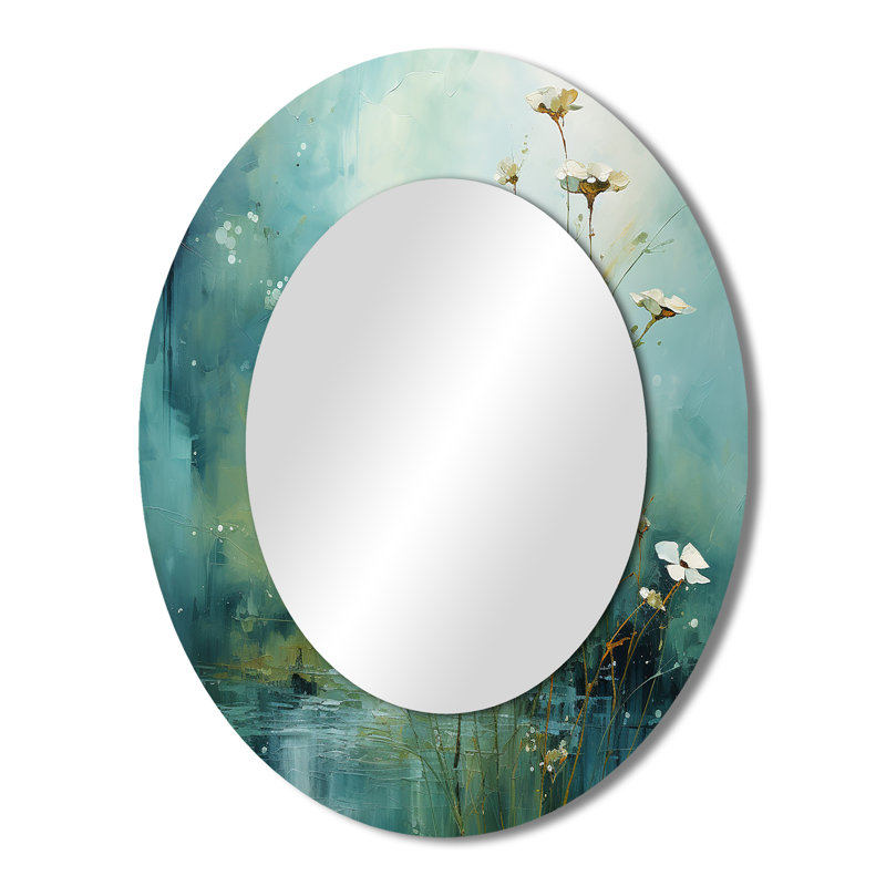 Misty Meadow IV - Grand miroir mural ovale sur métal, 43 po x 33 po