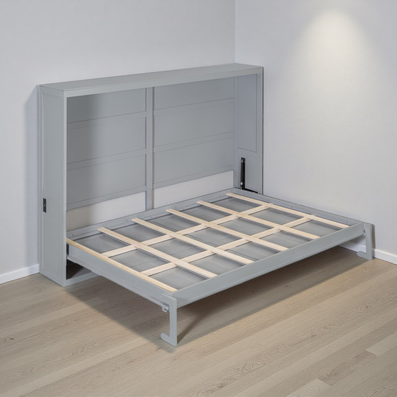 Armoire-lit escamotable peu encombrante avec conception en rotin - aucun sommier requis, assemblage facile, Gris, Grand lit