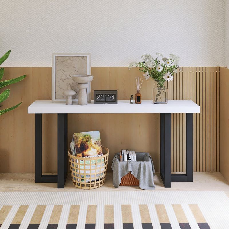 Console 63,00 po avec pieds en pin massif, Blanc/Noir