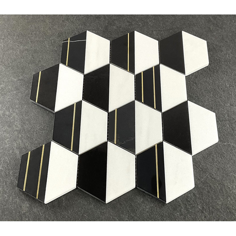 Carreau de mosaïque en marbre et en métal 4 po Hexagon Mix