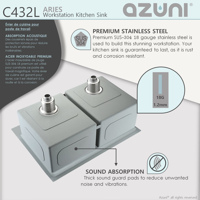 Évier de cuisine à double cuve encastré en acier inoxydable avec accessoires AZUNI