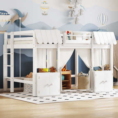 Full Loft Bed With Built-In Bookshelf, Curtain, And Storage Shelf Amusement Park-Inspired Playful Design Safety Guardrails, White