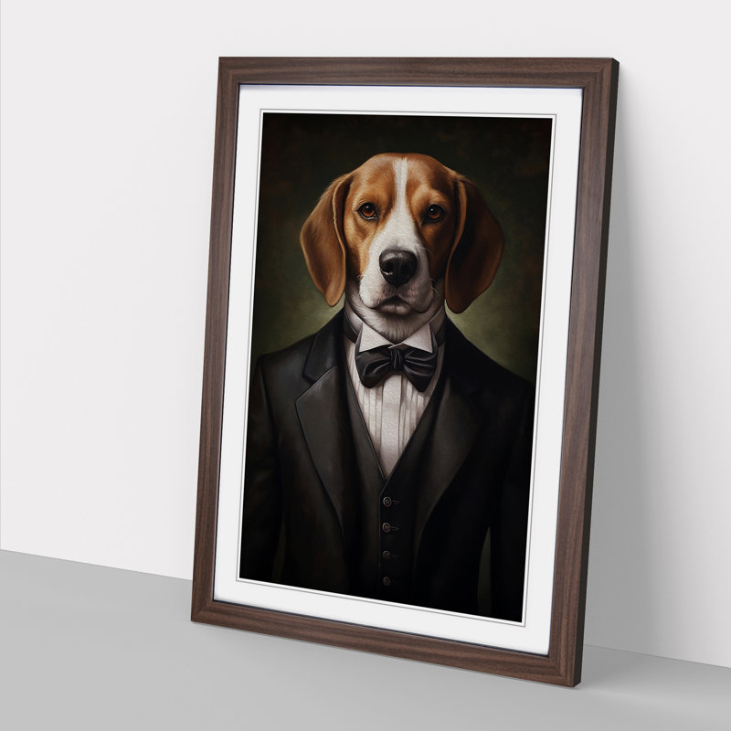 Beagle In A Suit No.4 - Single Picture Frame Print on Wood, 34cm H x 25cm W x 2cm D, Walnut Framed