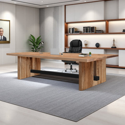 Natural Wood Solid Wood Executive Desk + Ergonomic Black Pu Leather Chair Set, Rectangular Computer Desk