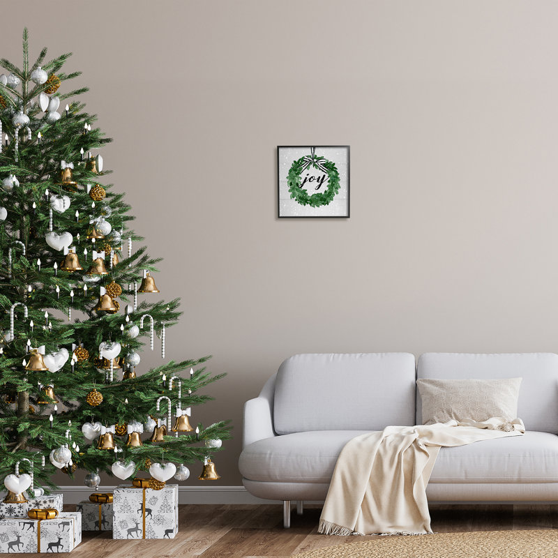 Joy, sentiment, vert, hiver, feuille, couronne, neige, motif gris, surdimensionné, rustique, H 12 po x l 12 po x P 1,5 po