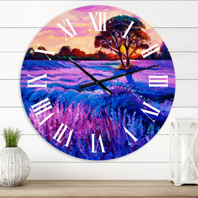 Lavender Field With Tree During Sunset - Modern wall clock