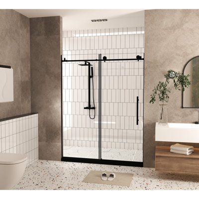Porte de douche de 56 à 60 po x 76 po, verre trempé transparent de 1/4 po (6 mm), finition noir mat, film résistant, poignée en acier inoxydable, grandes roues, blocage de l'eau, glissement en douceur, glissement facile à nettoyer