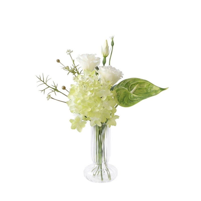Arrangement floral d'hortensia artificiel de 9,4 po dans un vase en verre transparent rayé pour décoration de table, Green