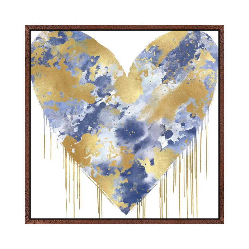 Big Hearted Blue And Gold by Lindsay Rodgers - Print on Canvas, 66.04cm H x 66.04cm W x 3.81cm D, Classic Brown Wood Framed