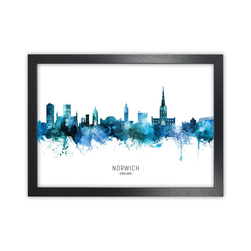 Norwich England Skyline Blue City Name by Michael Tompsett - Print, 64cm H x 88cm W x 3cm D, Black Framed