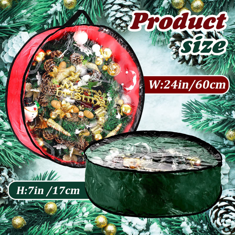 Red and Green Tear Resistant Fabric Christmas Wreath Storage Bags with Clear Window