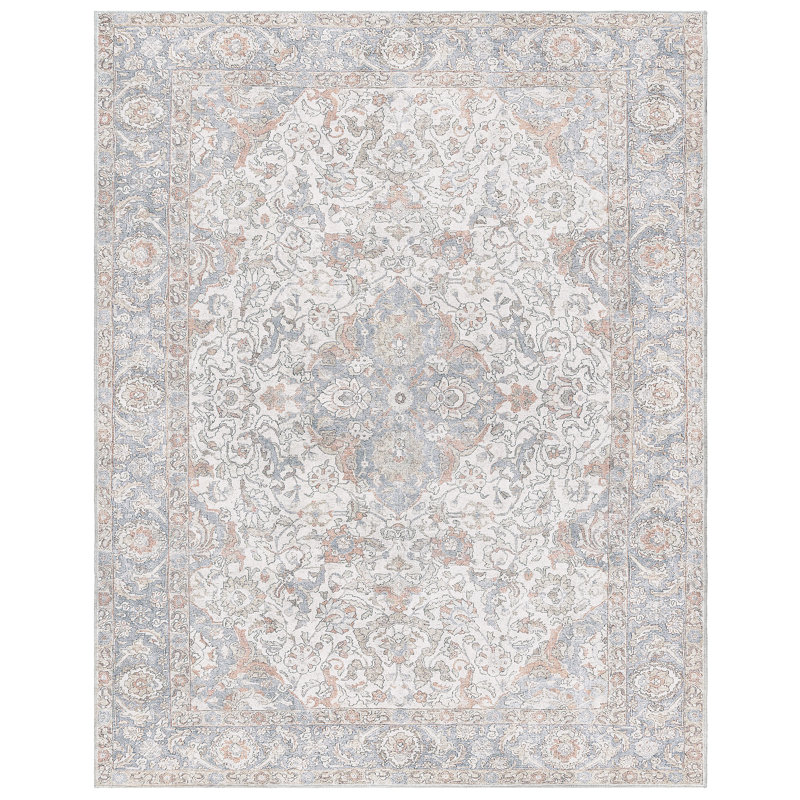 adamstown Emporia Adry Machine Washable Transitional Moroccan Indoor Area Rug, Ivory Peach Gray Non-Slip Chenille – Living Room & Bedroom