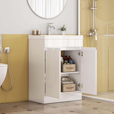 Ensemble de meuble-lavabo 24 po avec lavabo, armoire 2 portes avec tablette, conception sans poignée, lavabo en céramique à bordure épaisse unique, charnière à système de fermeture en douceur, assemblage facile, brillant