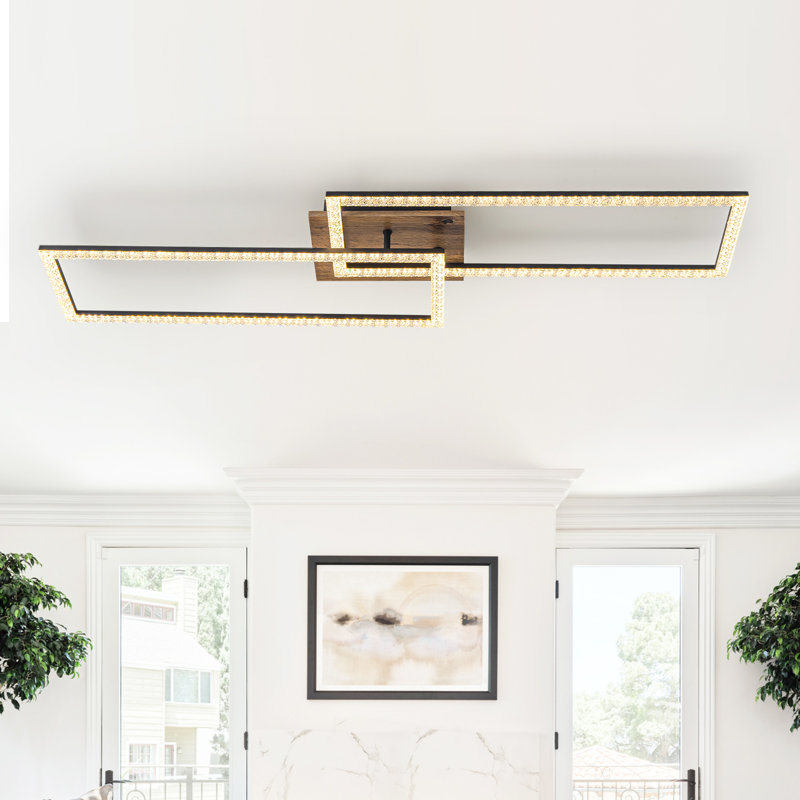 LED Geometric Flush Mount Ceiling Light - 31W 2240LM, Matte Black Frame with Wood Tone MDF, Dimmable, 40" Linear Design