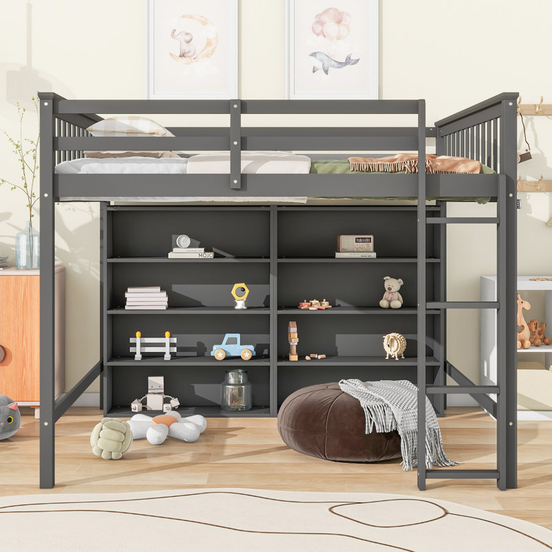 Full Size Loft Bed with 8 Open Storage Shelves and Built-in Ladder, Gray