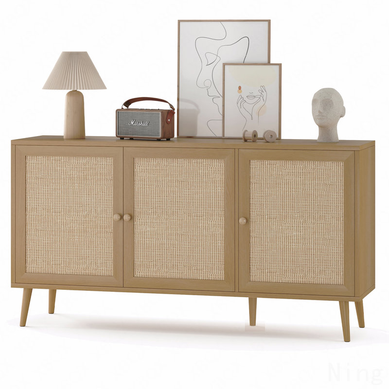 Buffet avec 3 portes en rotin et armoire de rangement moderne, H 31,1 po x l 15,4 po x P 15,4 po, Brun
