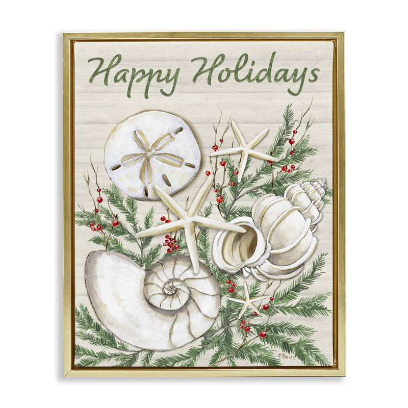  Holiday Seashells & Holly Canvas Wall Art by Paul Brent, H 31 po x l 25 po, Cadre flottant métallique doré