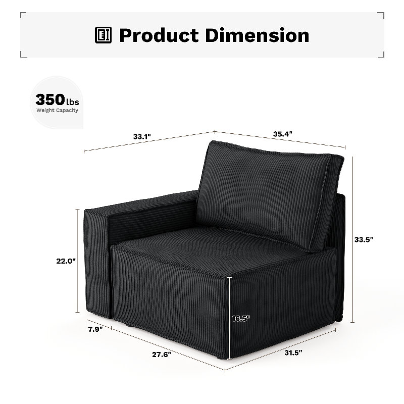 Fauteuil d'appoint modulaire faisant face à la gauche Bennett pour canapé modulaire modulaire, Noir