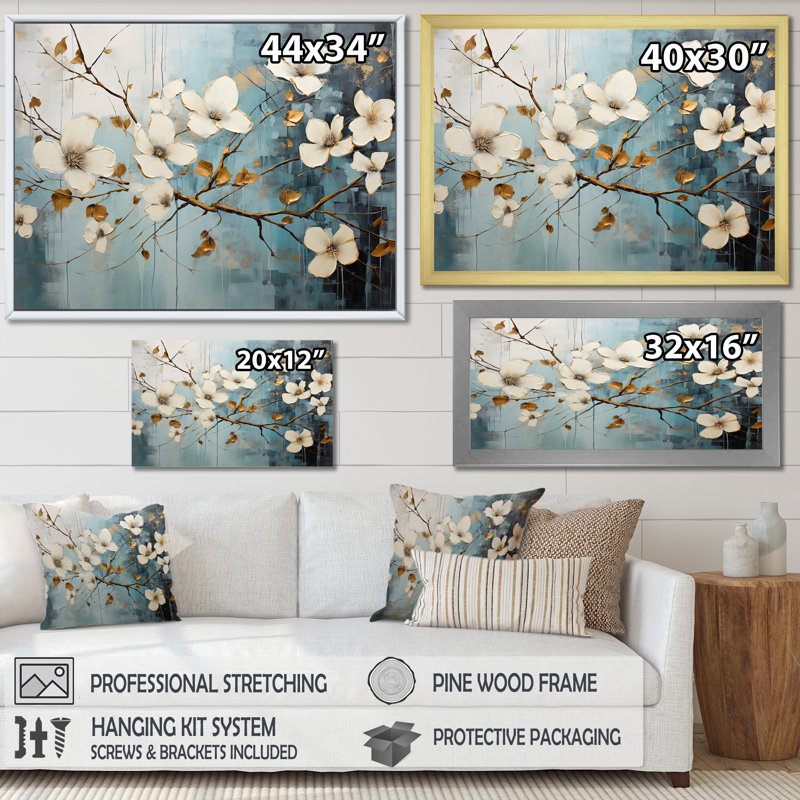 Cornouiller blanc Blossom Dreams IV sur toile, Cadre de coin argenté fermé, H 34 po x l 44 po x P 1,5 po
