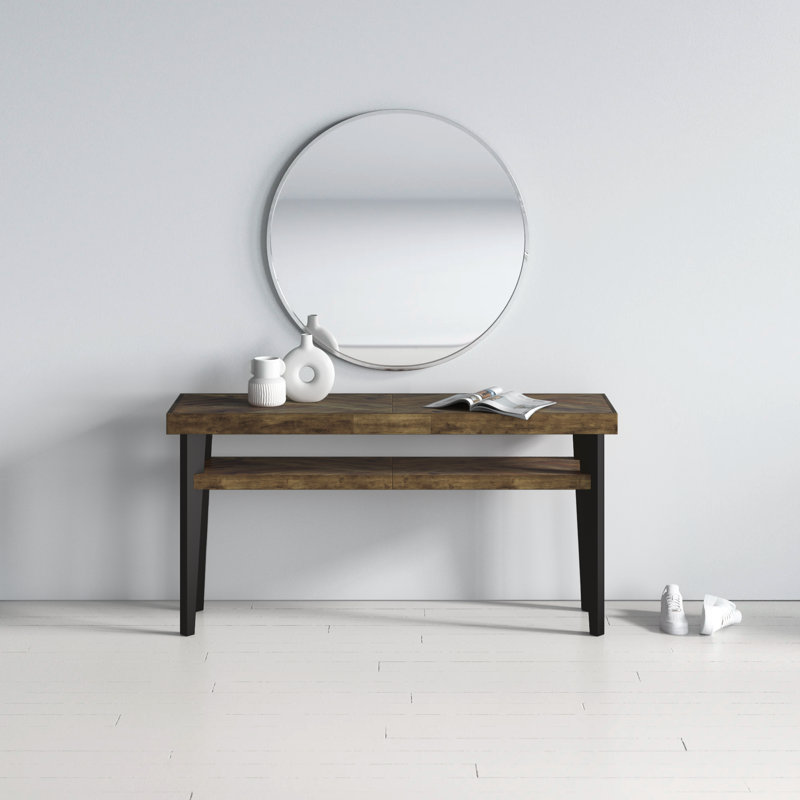 Acacia Wood Console Table with Black Painted Legs and Storage Shelf