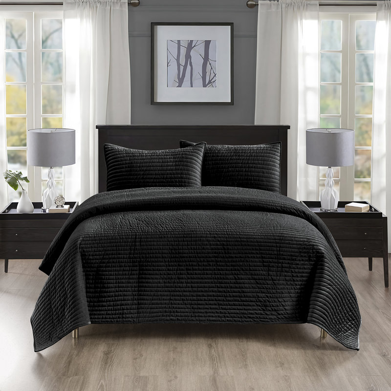 Ensemble de courtepointe surdimensionnée en velours noir Pointehaven, Noir, Courtepointe pour lit double/grand et 2 taies déc