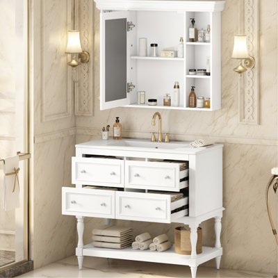 Meuble-lavabo moderne 36 po avec armoire à pharmacie, structure en bois massif, 4 tiroirs, planches de haute qualité, peinture imperméable, poignées à quatre poignées de luxe, lavabo en céramique